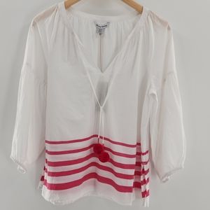 Tommy Bahama Pom Stripe White w/ Bright Blush Stripes 3/4 Sleeve Womens Small